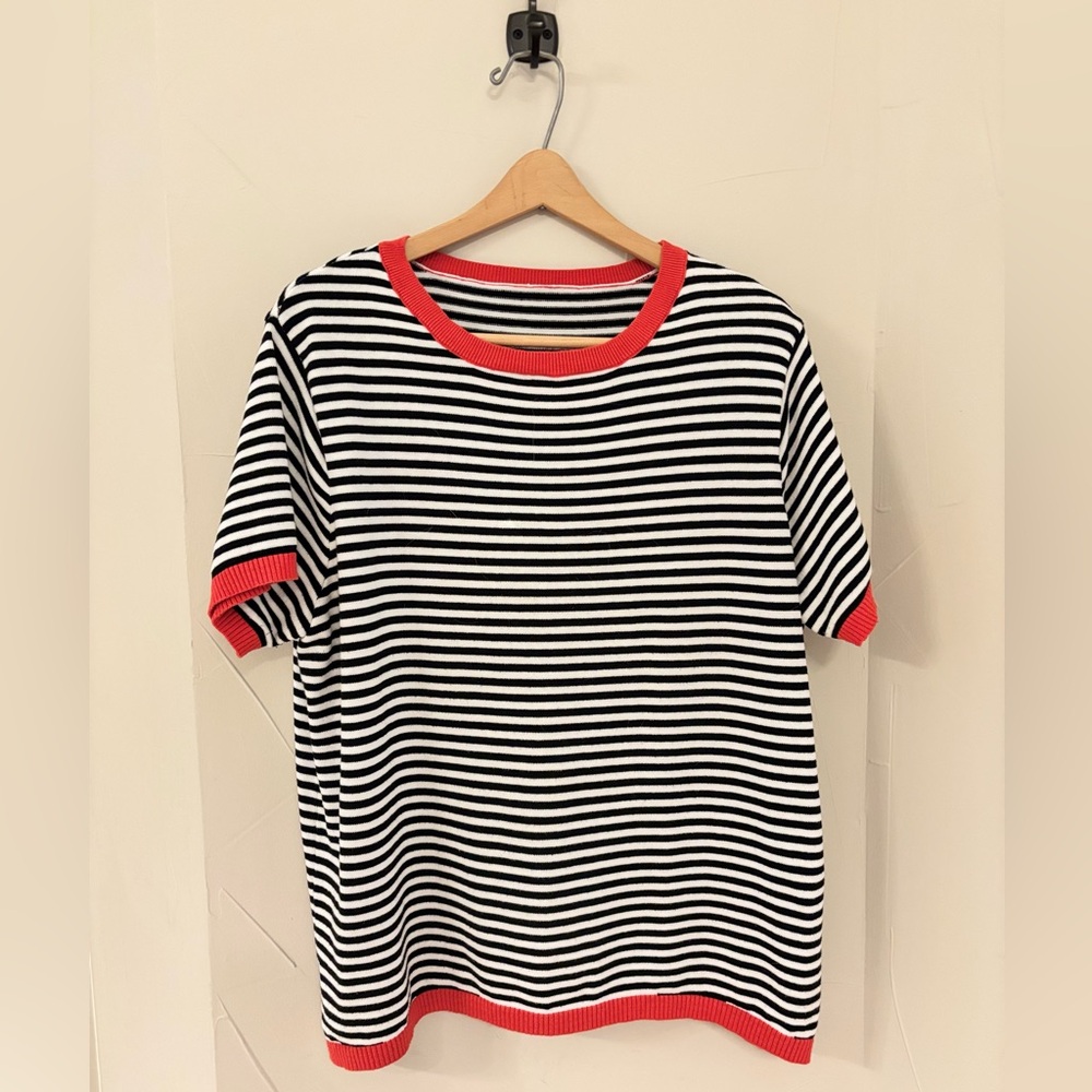 Striped Black & White Knit Top with Coral Trim